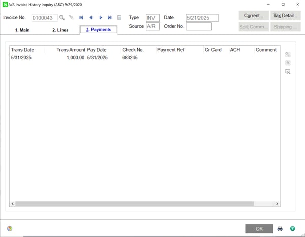 AR Invoice History Inquiry - Payments tab