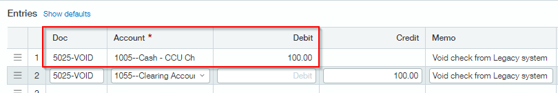 Void Checks from Legacy System - General Ledger Entry