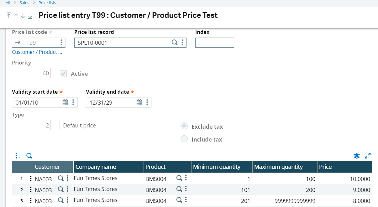 X3 Price List Entry Example