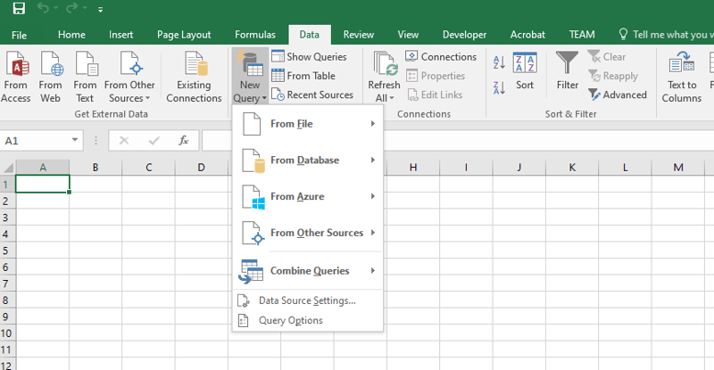Loading large files into excel - select new query button