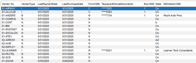 Vendor Maintenance should be sorted to show activity within the year being closed