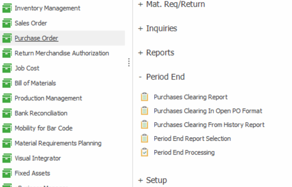 Purchases Clearing Menu - Sage 100