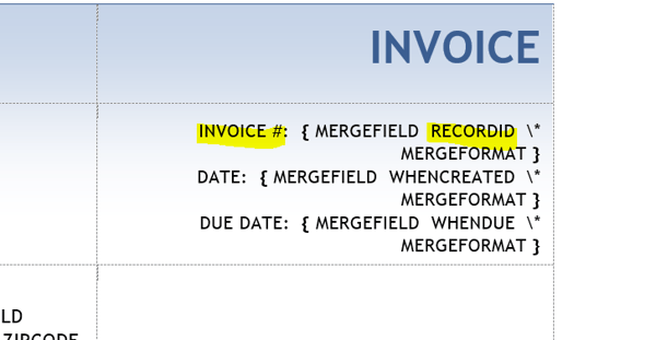 Invoice Number with Merged Field - RECORDID