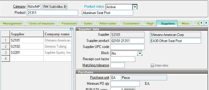 Suppliers tab on Sage X3 Products screen