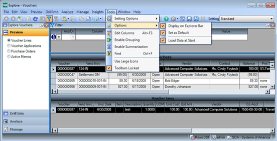 Sage 500 ERP Explore Vouchers Screenshot