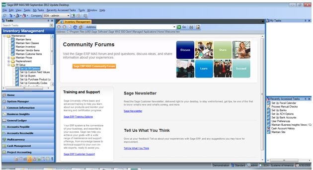 Sage 500 ERP Inventory Management Menu