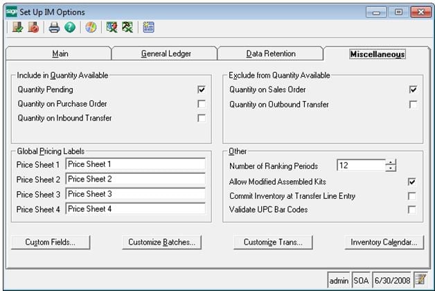 Sage 500 ERP Set Up IM Options Screen