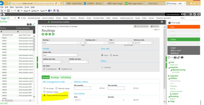 Change Materials and Operations Sage X3