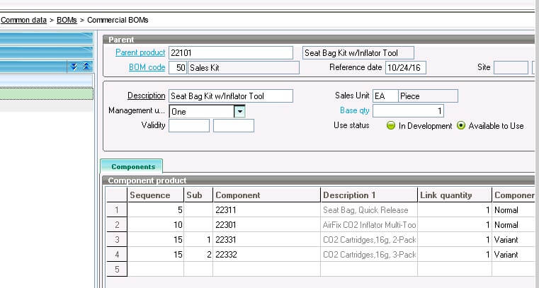 Sage X3 Commerical BOMs