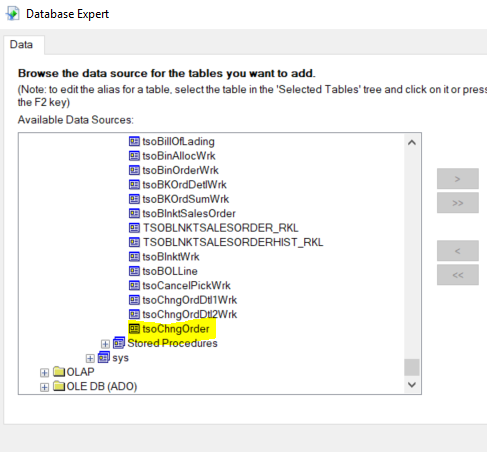 Crystal Reports Database Expert Screen