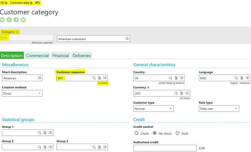 Customer Category Sage X3