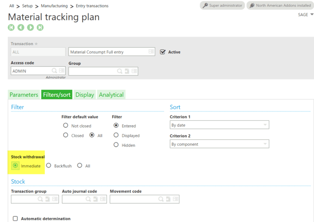 Sage X3 Material Tracking Plan