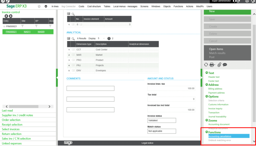 Sage X3 Purchase Reciept Account Cancellation