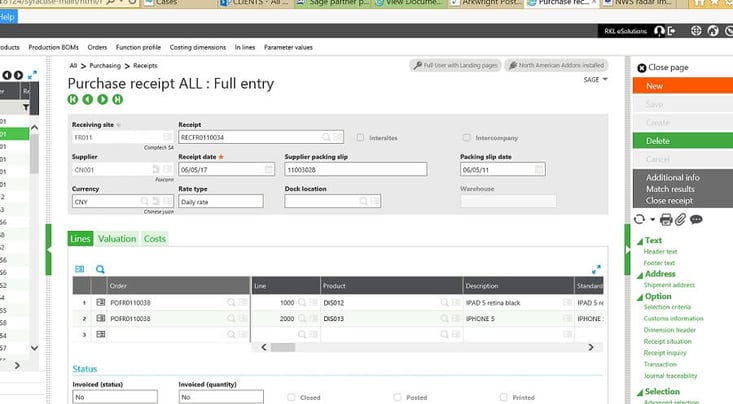Sage X3 Purchase Reciept Full Entry