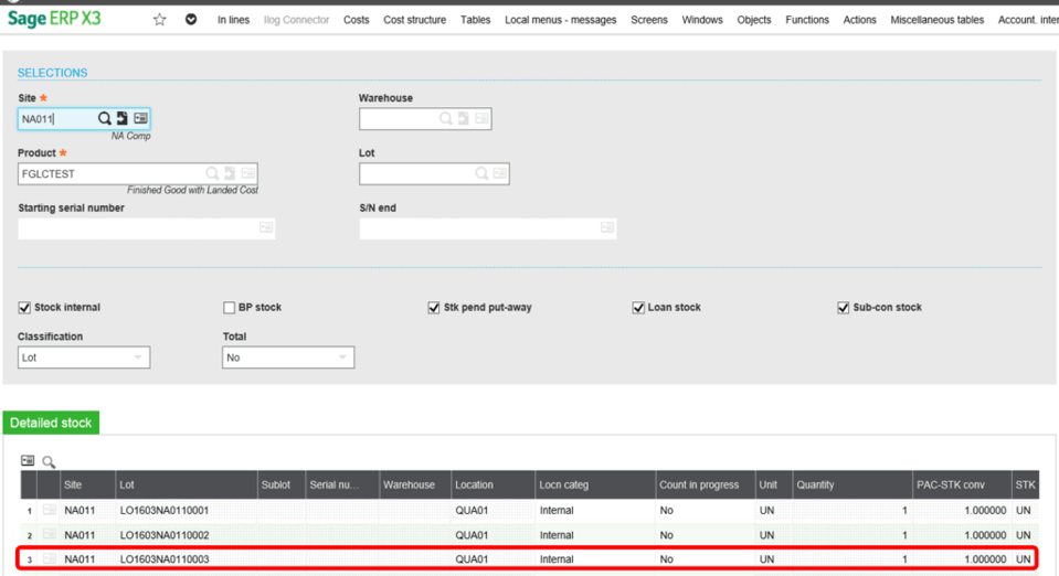 Sage X3 Purchase Reciept Location