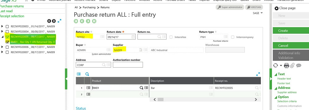 Sage X3 Purchase Return Reciept Selection