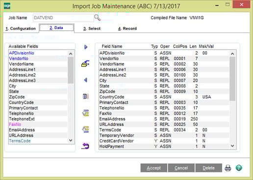 Sage 100 column mapping