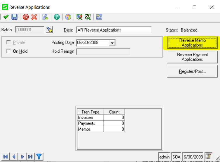 Sage 500 Reverse Memo Application