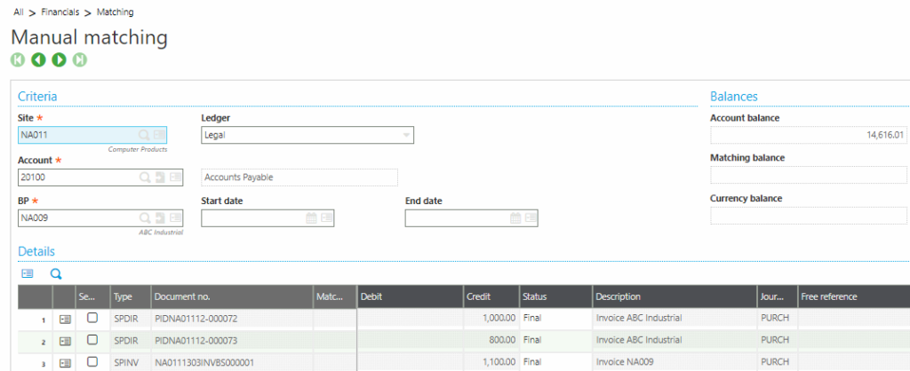 Sage X3 Manual Matching