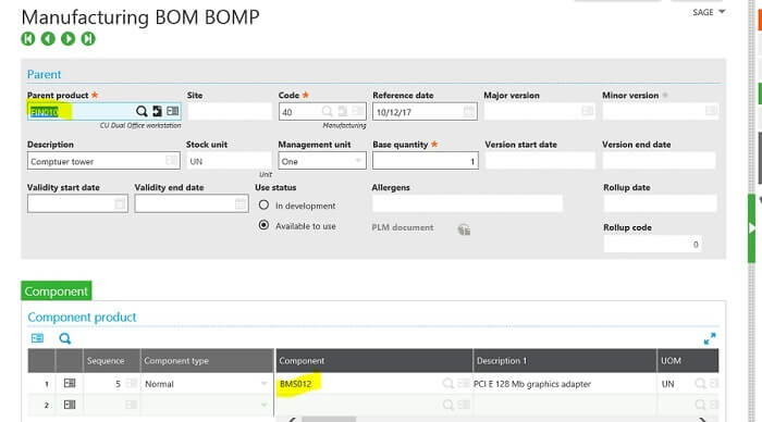 Sage X3 Manufacturing BOM BOMP