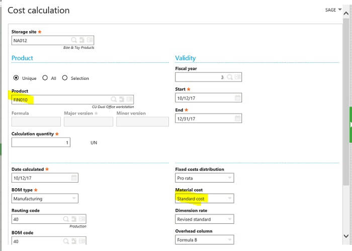 Sage X3 Manufacturing Cost Calculation