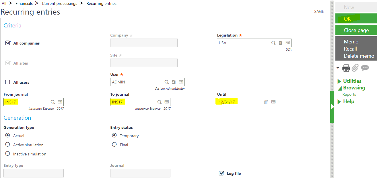 How to Setup a Recurring Journal Entry in Sage X3