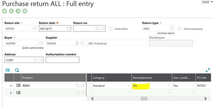 Sage X3 Purchase Return Reinstatement Screen