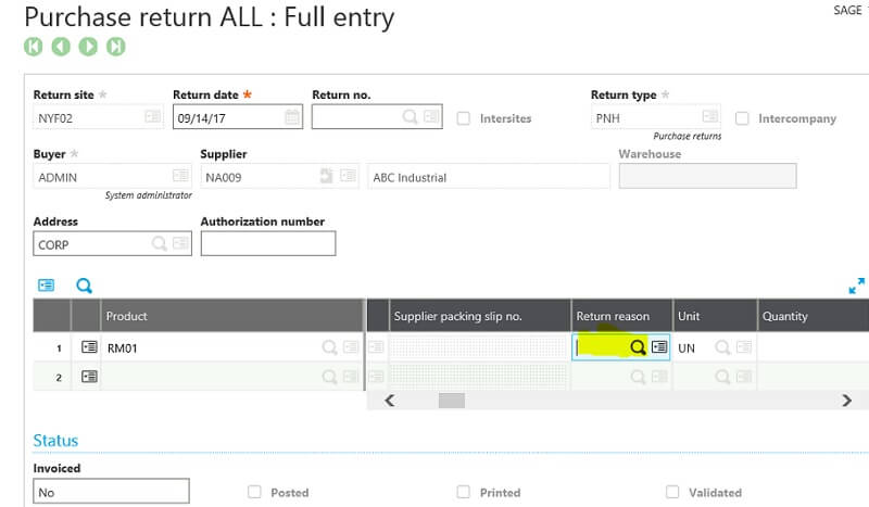 Sage X3 Return Reason
