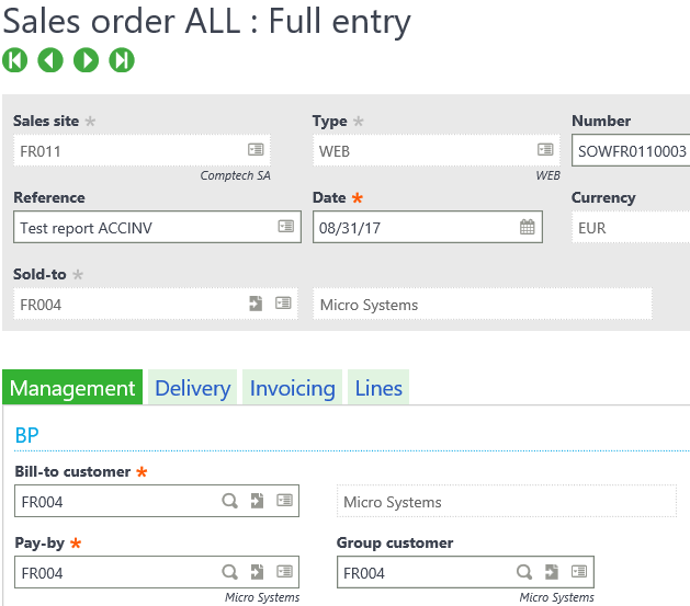Sage X3 Sales Order entry screen