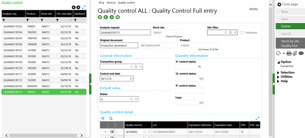 Sage X3 analysis request detail