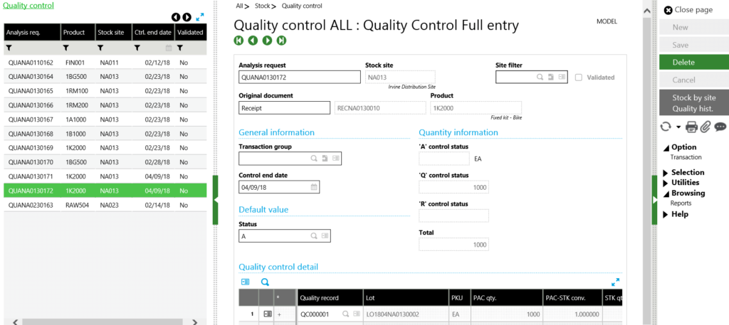 Sage X3 analysis request detail line