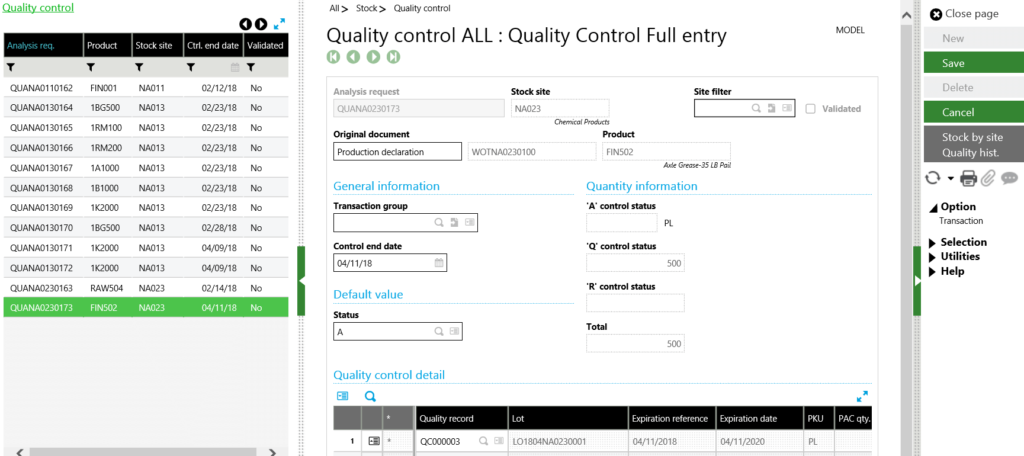 Sage X3 detail quantity dispositions