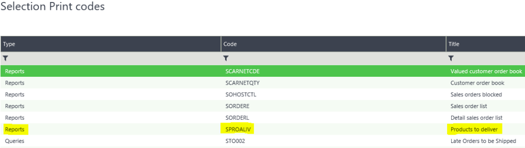SageX3 Selection Print Codes