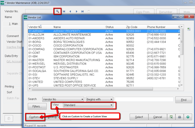 Sage 100 Vendor lookup View