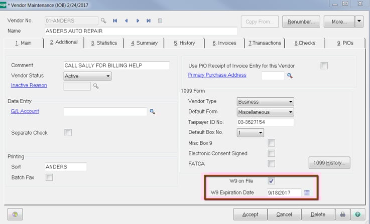 Sage 100 W9 Vendor Maintenance Std Memo