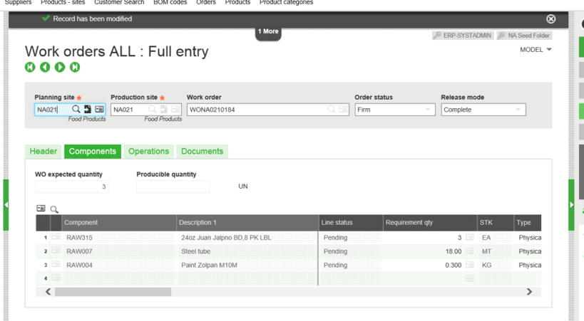 Sage X3 Work Order Unexpected Material