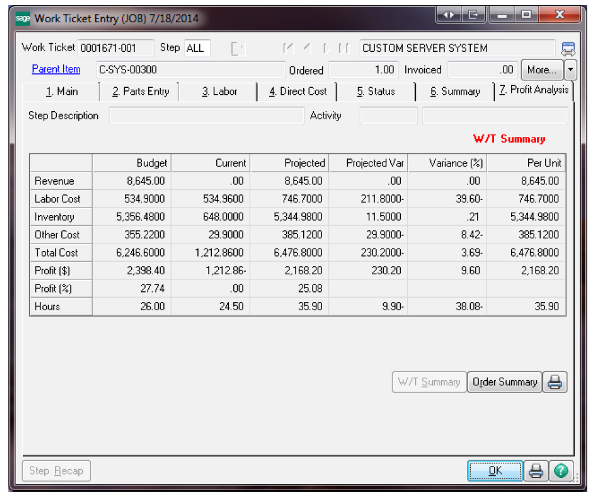 JobOps Work Ticket Profit Analysis in Grid Format