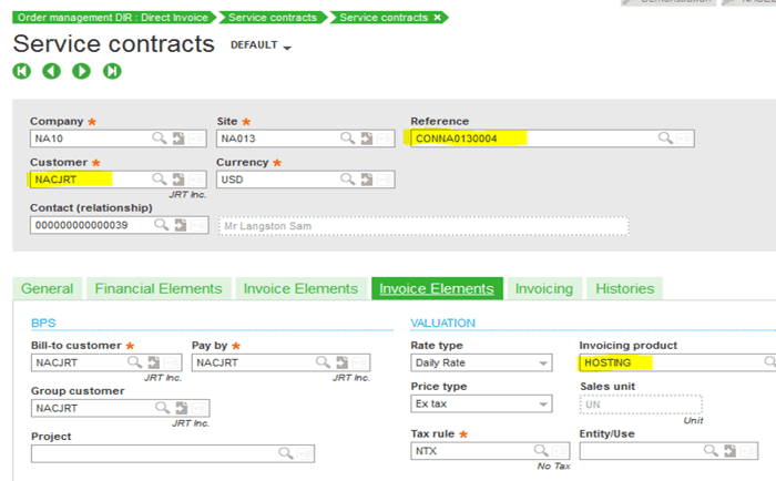 Sage X3 Service Contracts Invoice Elements