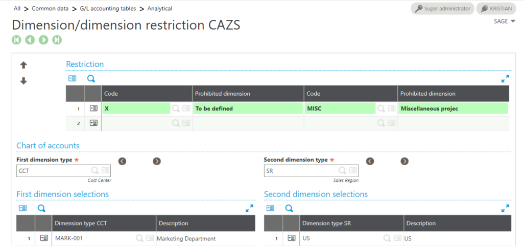 Sage X3 Restriction dimension relationships