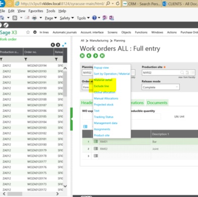 Sage X3 WO Components Tab