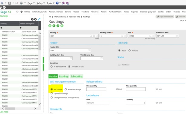 Sage X3 WO management mode