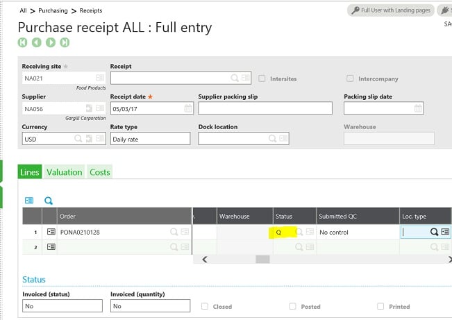 Sage X3 defaulting to ‘Q’ status on a PR