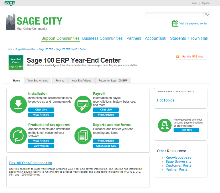 sage 100 year end center screenshot