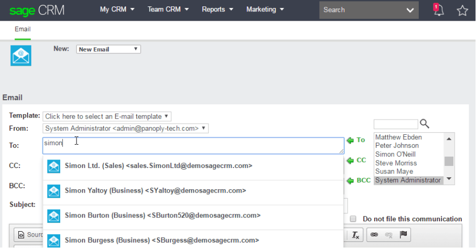 Sage CRM 2017 Email Suggest