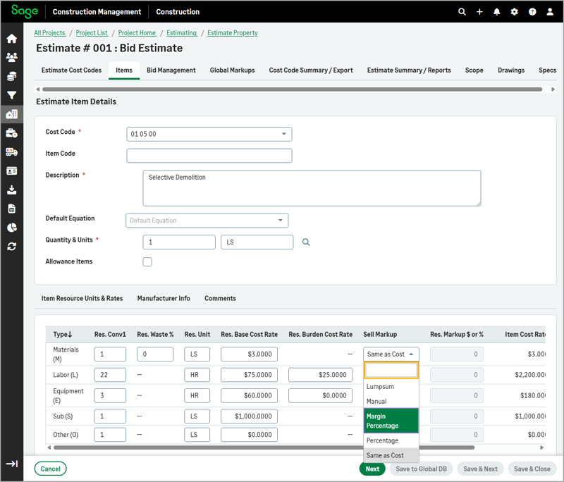 SCM 2025 R4_EstimateItemPercentageMarginMarkup