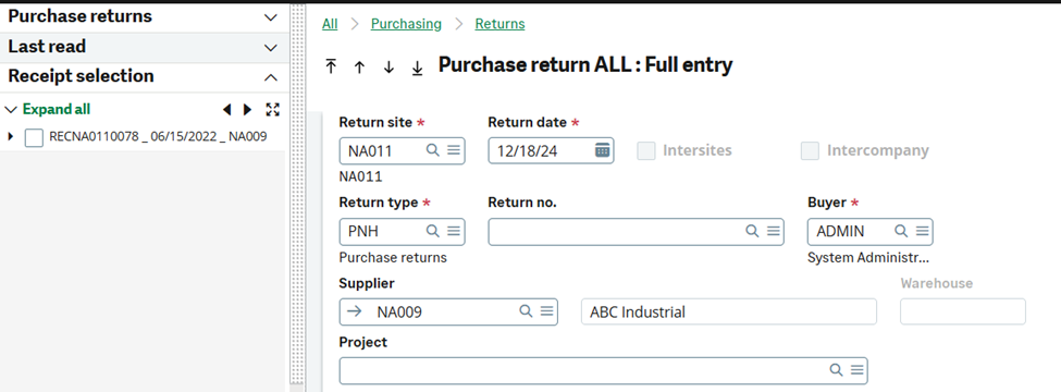 How to Process a Purchase Return in Sage X3