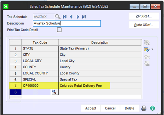  Use Tax Code: OF400000 with the Description Colorado Retail Delivery Fee 