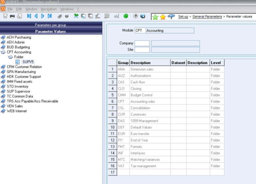 Set-up > General Parameters > Parameter values