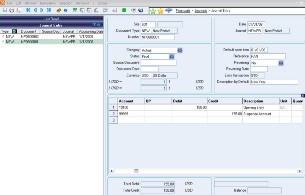 Financials > Journals > Journal Entry