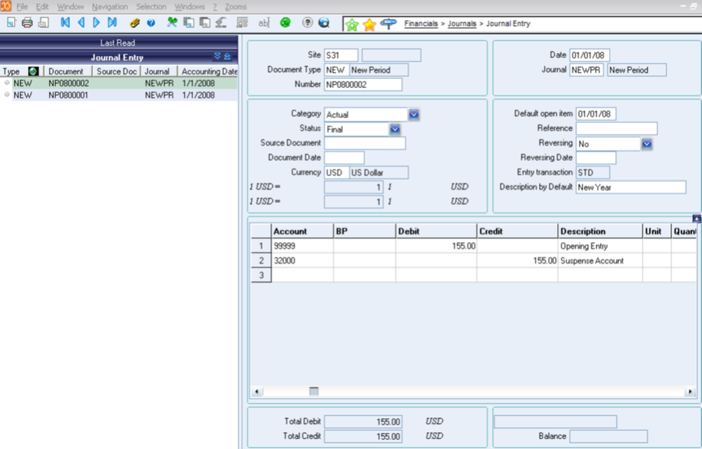 Financials > Journals > Journal Entry